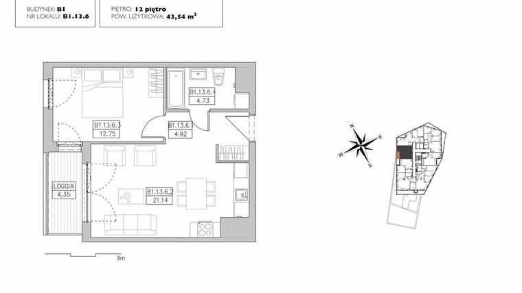 Rzut - Mieszkanie na sprzedaż 2 pokoje o powierzchni 43,54 m² - numer B1.13.6 w Alvarium 2.0