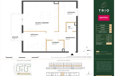 Rzut - Mieszkanie na sprzedaż 3 pokoje o powierzchni 60,78 m² - numer C017 w Trio Park bud. C