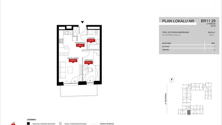 Rzut - Mieszkanie na sprzedaż 2 pokoje o powierzchni 36,83 m² - numer BR11/29 w Browary Wrocławskie 2