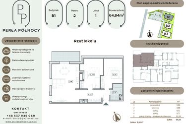 Rzut - Mieszkanie na sprzedaż 3 pokoje o powierzchni 64,84 m² - numer B1.2_1 w Perła Północy etap 2