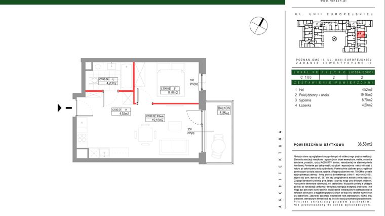Rzut - Mieszkanie na sprzedaż 2 pokoje o powierzchni 36,58 m² - numer C100 w Grunwald Między Drzewami etap III