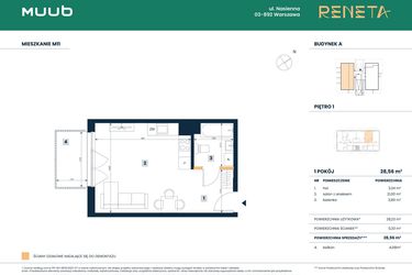 Rzut - Mieszkanie na sprzedaż 1 pokój o powierzchni 28,23 m² - numer M11 w Reneta