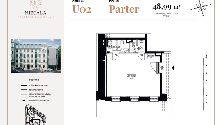 Rzut - Lokal użytkowy na sprzedaż 1 pokój o powierzchni 48,99 m² - numer U2 w Niecała Prestige Residence