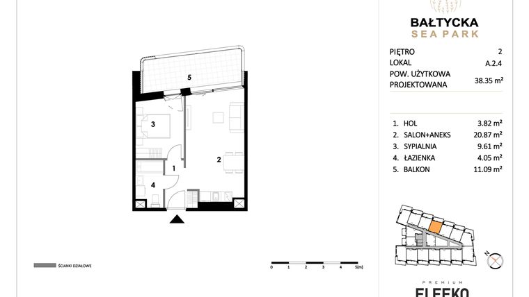 Rzut - Mieszkanie na sprzedaż 2 pokoje o powierzchni 38,35 m² - numer A.2.4 w Bałtycka Sea Park