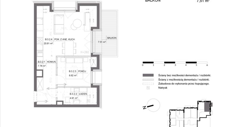 Rzut - Mieszkanie na sprzedaż 2 pokoje o powierzchni 42,1 m² - numer B.3.2 w Polanka 21