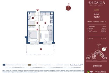 Rzut - Mieszkanie na sprzedaż 2 pokoje o powierzchni 40,42 m² - numer I.B.1.8 w GEDANIA Riverside Living - apartamenty inwestycyjne