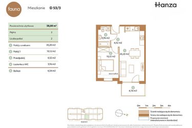 Rzut - Mieszkanie na sprzedaż 2 pokoje o powierzchni 38,8 m² - numer D53-3 w Fauna