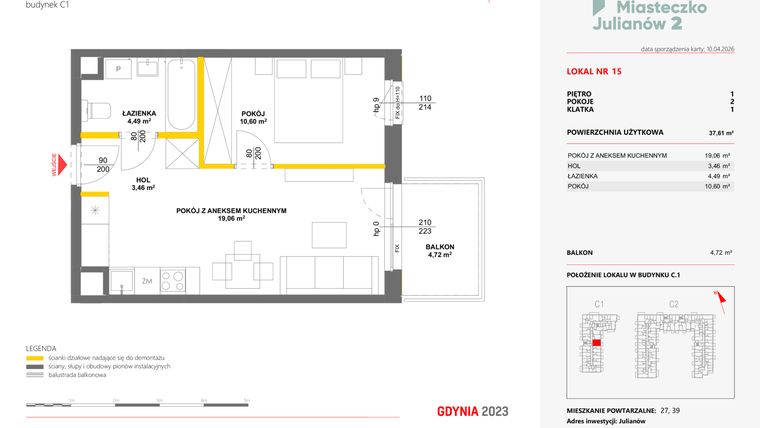 Rzut - Mieszkanie na sprzedaż 2 pokoje o powierzchni 37,61 m² - numer 15 w Miasteczko Julianów etap 2