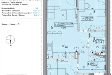 Rzut - Mieszkanie na sprzedaż 3 pokoje o powierzchni 54,95 m² - numer 51B w Osiedle Młodych etap VIII
