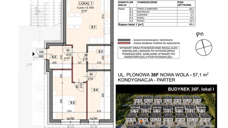 Rzut - Mieszkanie na sprzedaż 3 pokoje o powierzchni 57,1 m² - numer 36F/1 w Zespół willowy Zielona Polana - etap 6