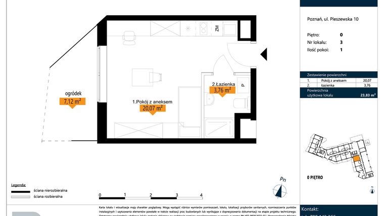 Rzut - Mieszkanie na sprzedaż 1 pokój o powierzchni 23,83 m² - numer B.0.3 w ŁACINA SPOT - apartamenty inwestycyjne