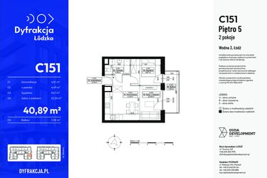 Rzut - Mieszkanie na sprzedaż 2 pokoje o powierzchni 40,89 m² - numer C151 w Dyfrakcja Łódzka - bud. CD