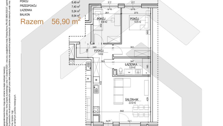 Rzut - Mieszkanie na sprzedaż 3 pokoje o powierzchni 56,9 m² - numer S.03.37 w Sobieskiego 29