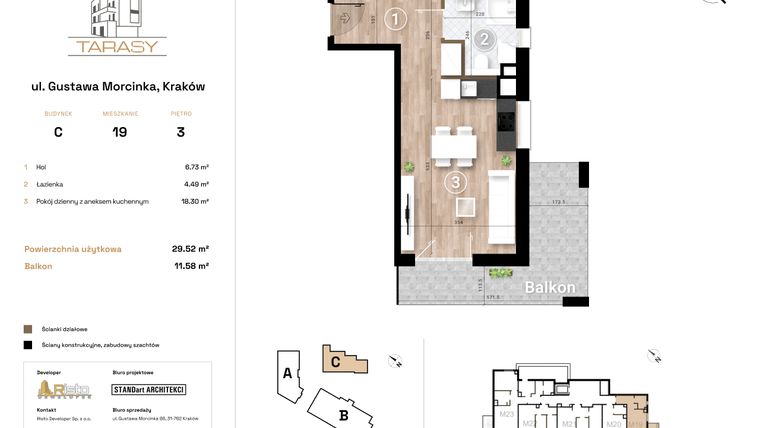 Rzut - Mieszkanie na sprzedaż 1 pokój o powierzchni 29,52 m² - numer C19 w Krzesławickie Tarasy