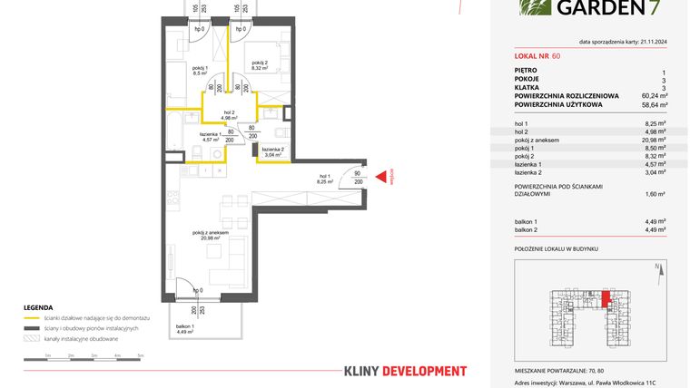 Rzut - Mieszkanie na sprzedaż 3 pokoje o powierzchni 60,24 m² - numer 60 w Nova Viva Garden 7
