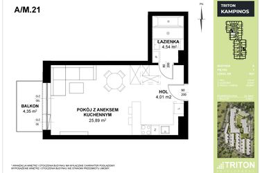 Rzut - Mieszkanie na sprzedaż 1 pokój o powierzchni 34,44 m² - numer A_M21 w Triton Kampinos III