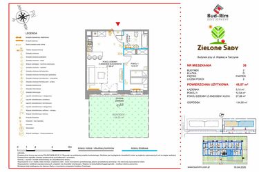 Rzut - Mieszkanie na sprzedaż 2 pokoje o powierzchni 45,57 m² - numer 36 w Zielone Sady etap II