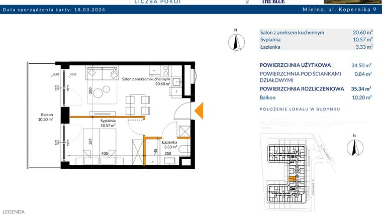 Rzut - Mieszkanie na sprzedaż 2 pokoje o powierzchni 35,34 m² - numer 1.04 w The Blue