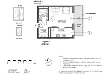 Rzut - Mieszkanie na sprzedaż 1 pokój o powierzchni 34,27 m² - numer H.1.6.4 w City Park bud. G i H
