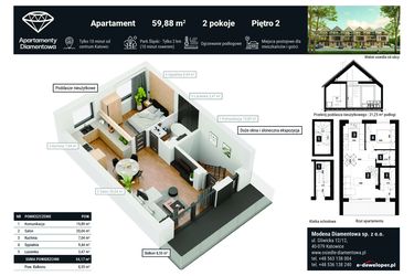 Rzut - Mieszkanie na sprzedaż 2 pokoje o powierzchni 59,88 m² - numer 10B w Apartamenty Diamentowa