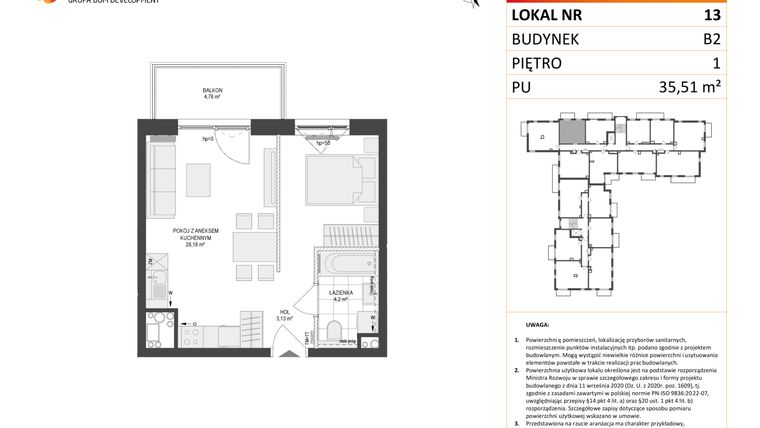 Rzut - Mieszkanie na sprzedaż 1 pokój o powierzchni 35,51 m² - numer 13 w Locus 2 bud. B2