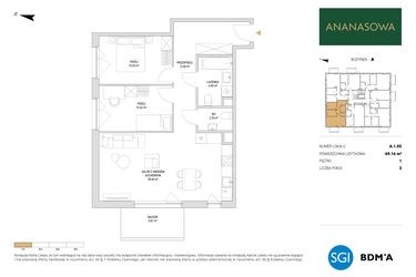 Rzut - Mieszkanie na sprzedaż 3 pokoje o powierzchni 69,16 m² - numer A.1.05 w Ananasowa