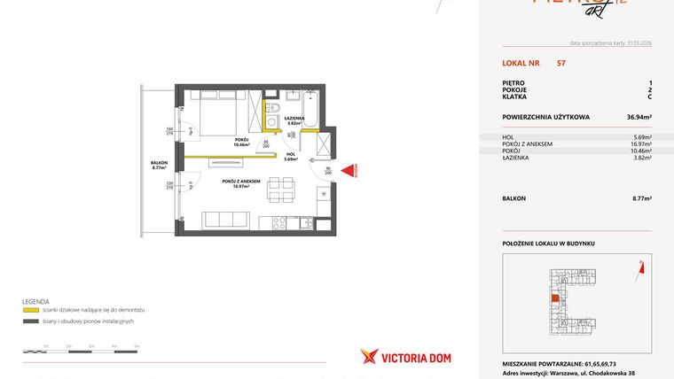 Rzut - Mieszkanie na sprzedaż 2 pokoje o powierzchni 36,94 m² - numer 57 w Metro Art 12