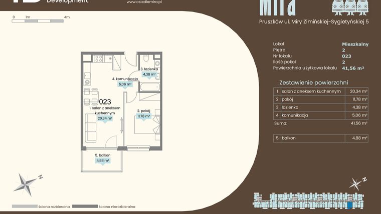 Rzut - Mieszkanie na sprzedaż 2 pokoje o powierzchni 41,56 m² - numer A.023 w Mira