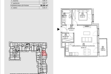 Rzut - Mieszkanie na sprzedaż 2 pokoje o powierzchni 50,98 m² - numer 2C-1-4 w Naramowice Odnova