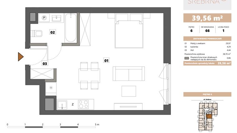 Rzut - Mieszkanie na sprzedaż 1 pokój o powierzchni 39,56 m² - numer 66 w Srebrna 5