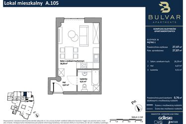 Rzut - Mieszkanie na sprzedaż 1 pokój o powierzchni 27,47 m² - numer A.105 w Bulvar Apartments - etap I