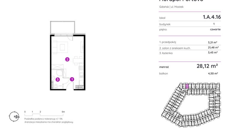 Rzut - Mieszkanie na sprzedaż 1 pokój o powierzchni 27,93 m² - numer 1.A.4.16 w Murapol Portovo etap II