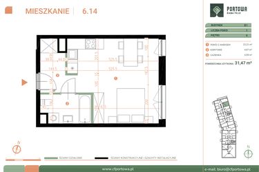 Rzut - Mieszkanie na sprzedaż 1 pokój o powierzchni 31,47 m² - numer M.06.14 w Casa Feliz Portowa II