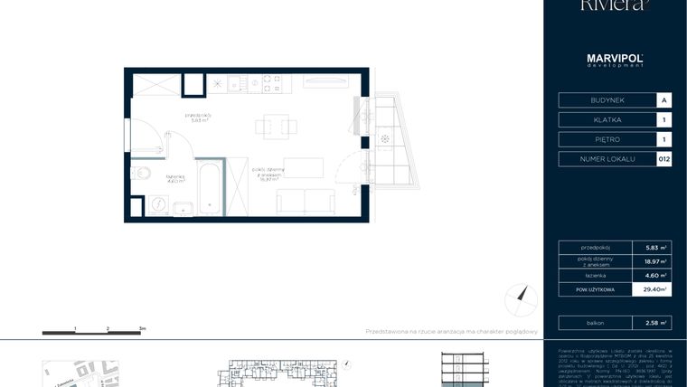 Rzut - Mieszkanie na sprzedaż 1 pokój o powierzchni 29,4 m² - numer A.M012 w Riviera⁵