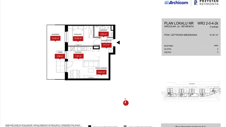 Rzut - Mieszkanie na sprzedaż 2 pokoje o powierzchni 41,81 m² - numer WR3 2/0/4/2k w Przystań Reymonta etap II