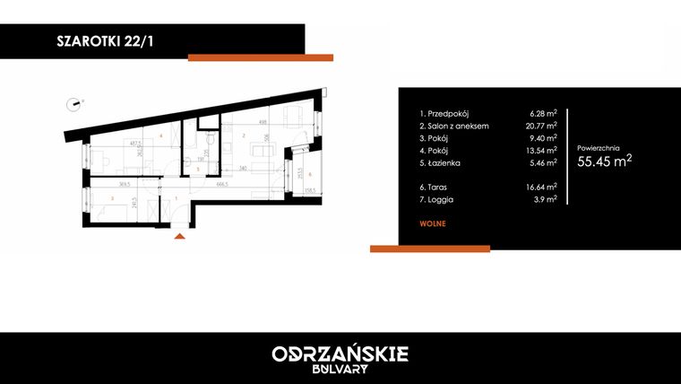 Rzut - Mieszkanie na sprzedaż 3 pokoje o powierzchni 55,45 m² - numer 22/1 w Odrzańskie Bulvary
