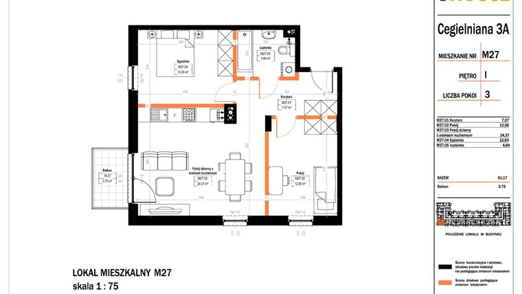 Rzut - Mieszkanie na sprzedaż 3 pokoje o powierzchni 61,17 m² - numer 27 w Osiedle StaLove etap II