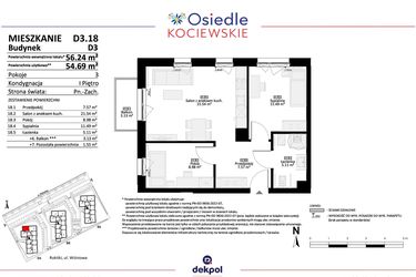 Rzut - Mieszkanie na sprzedaż 3 pokoje o powierzchni 54,69 m² - numer D3.18 w Osiedle Kociewskie etap IV