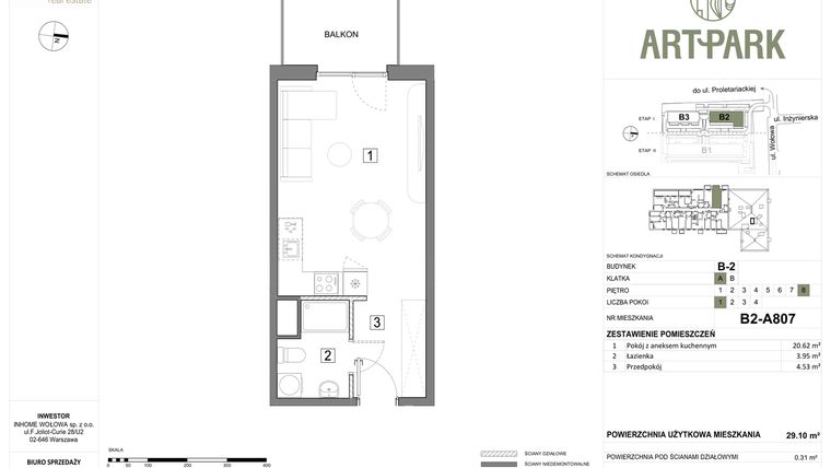 Rzut - Mieszkanie na sprzedaż 1 pokój o powierzchni 29,41 m² - numer B.2.A807 w ArtPark