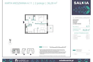 Rzut - Mieszkanie na sprzedaż 2 pokoje o powierzchni 36,28 m² - numer A.11 w Osiedle Salvia