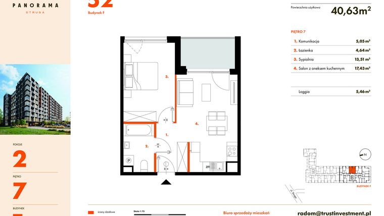 Rzut - Mieszkanie na sprzedaż 2 pokoje o powierzchni 40,63 m² - numer F52 w Panorama Struga