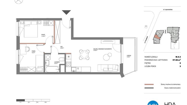 Rzut - Mieszkanie na sprzedaż 3 pokoje o powierzchni 57,92 m² - numer M.5.3 w Łopuszańska 47 - etap 4