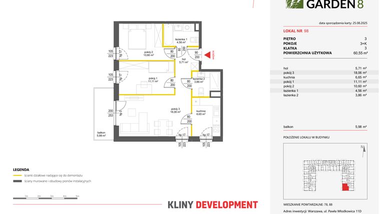 Rzut - Mieszkanie na sprzedaż 3 pokoje o powierzchni 60,55 m² - numer 98 w Nova Viva Garden 8