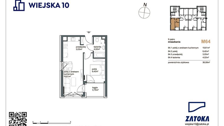 Rzut - Mieszkanie na sprzedaż 2 pokoje o powierzchni 36,08 m² - numer M64 w Wiejska 10