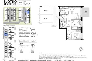 Rzut - Mieszkanie na sprzedaż 3 pokoje o powierzchni 59,98 m² - numer N1 w Złotno Residence