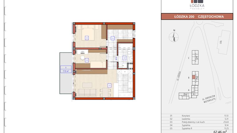 Rzut - Mieszkanie na sprzedaż 3 pokoje o powierzchni 62,64 m² - numer B.M.29 w Łódzka Osiedle