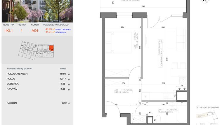 Rzut - Mieszkanie na sprzedaż 2 pokoje o powierzchni 44,94 m² - numer I-A4 w Industria etap I-A