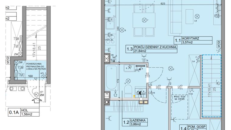 Rzut - Mieszkanie na sprzedaż 3 pokoje o powierzchni 56,07 m² - numer 56 w Manufaktura Marki 2 etap III