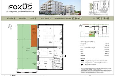 Rzut - Mieszkanie na sprzedaż 3 pokoje o powierzchni 63,88 m² - numer B1-1 w Fokus Bielany