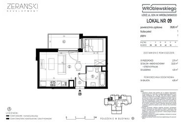 Rzut - Mieszkanie na sprzedaż 1 pokój o powierzchni 28,85 m² - numer A09 w Wróblewskiego